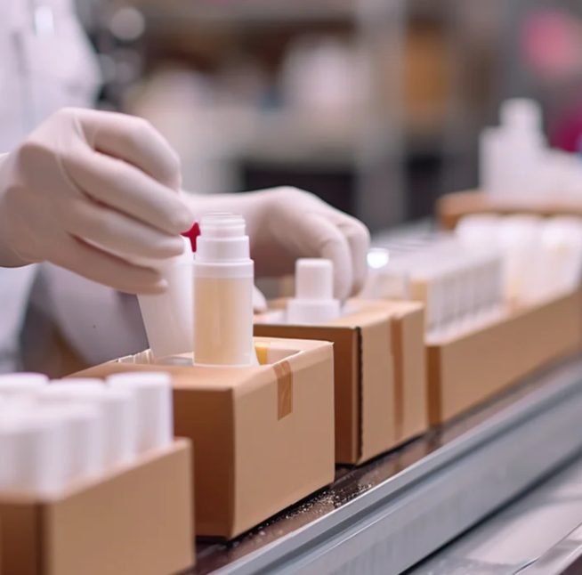 Filled bottles being packed into boxes on the packing line