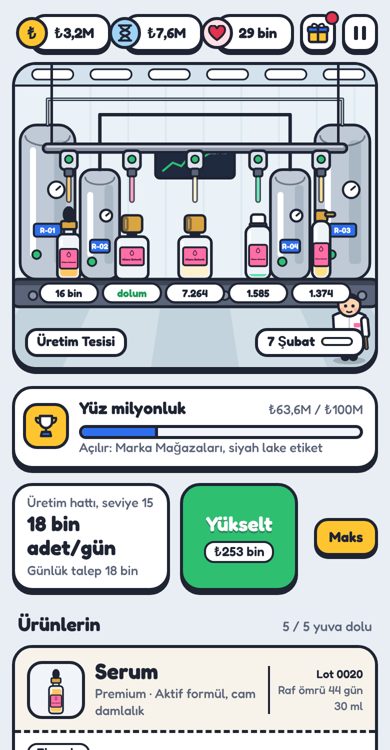Kozmetik Tycoon oyun ekranı: üretim tesisi ve ürün kartları